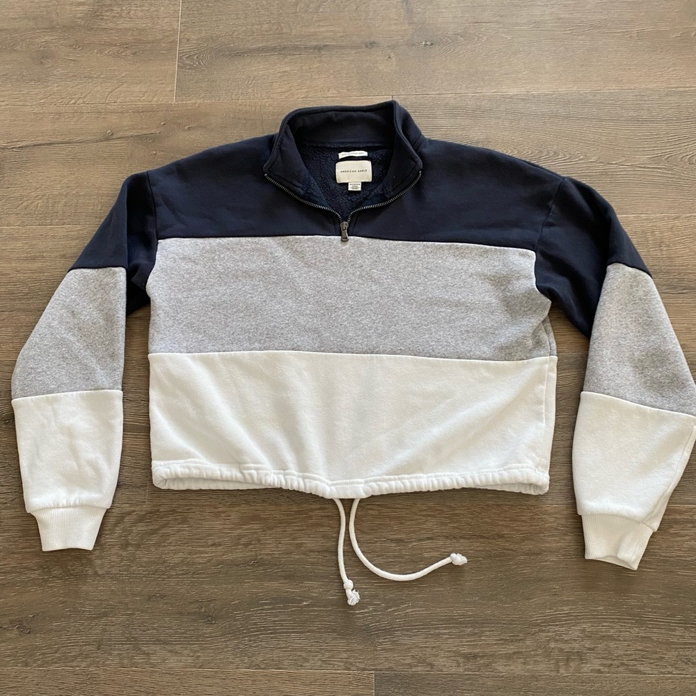 American Eagle 1/4 Zip Color Block Tie Oversized Pullover Jacket Sweatshirt - Picture 1 of 9